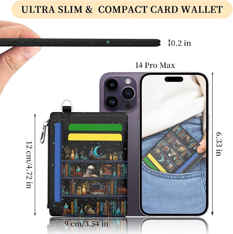 Hancynir Goth Bookshelf Skull Cat Wallet Women Credit Card Holder Funny Gothic RFID Blocking Small Card Wallets Mini Front Pocket PU Leather Thin Travel Zipper Coin Cash Ladies Female Wallet Gifts - Image 2